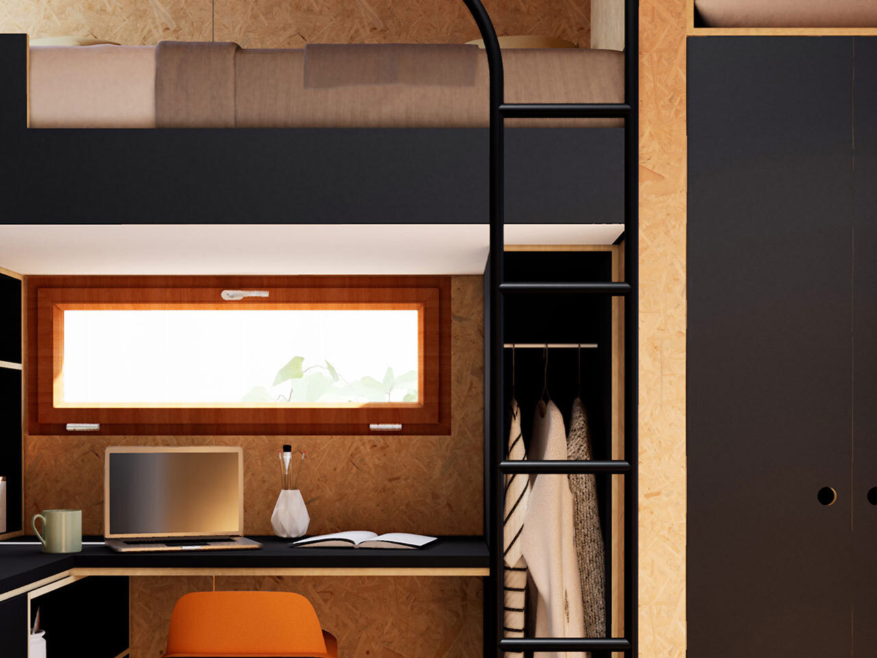 Interior of a Forage Built tiny home showing workspace, storage, and sleeping loft