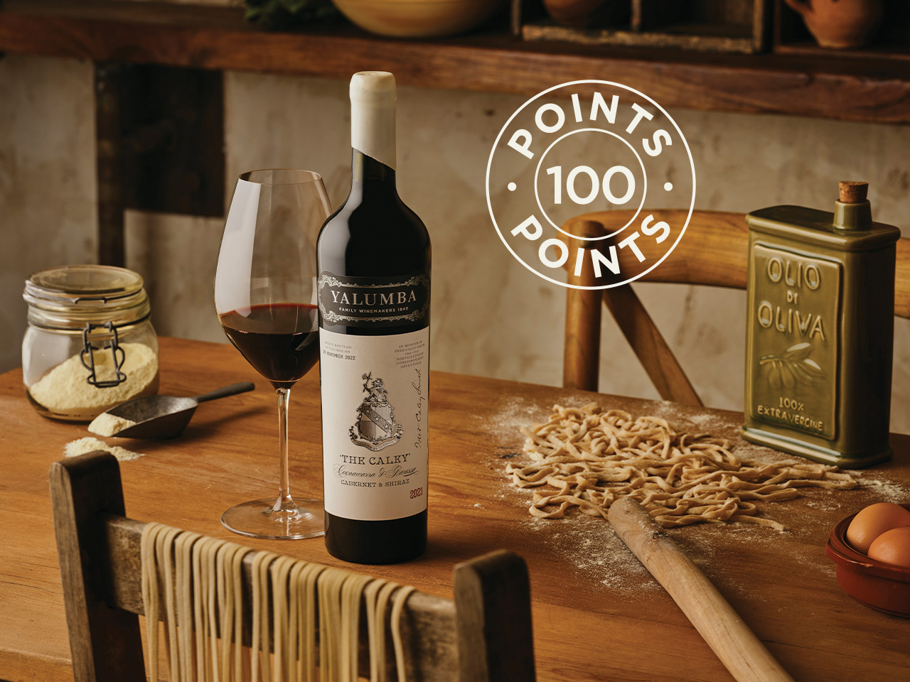 image of the caley 2021 vintage, on a kitchen counter and a filled glass alongside it